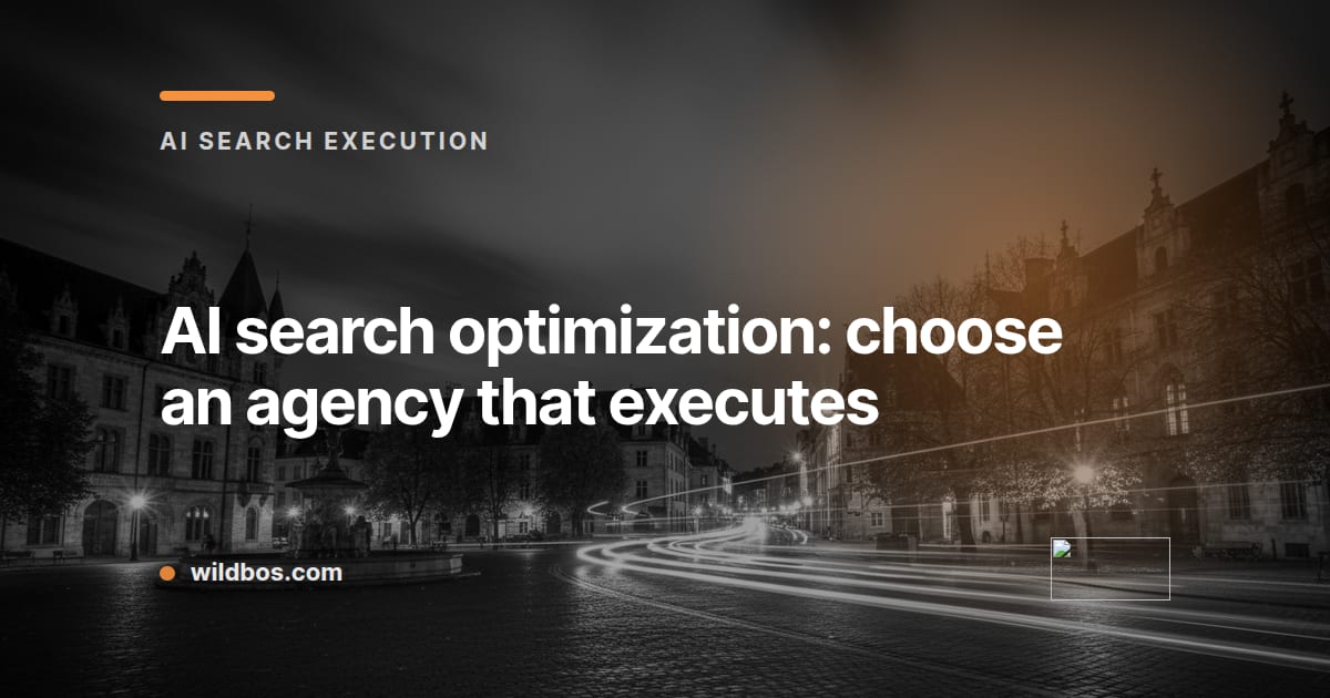 Branded card about AI search optimization and choosing an executing agency by Wildbos