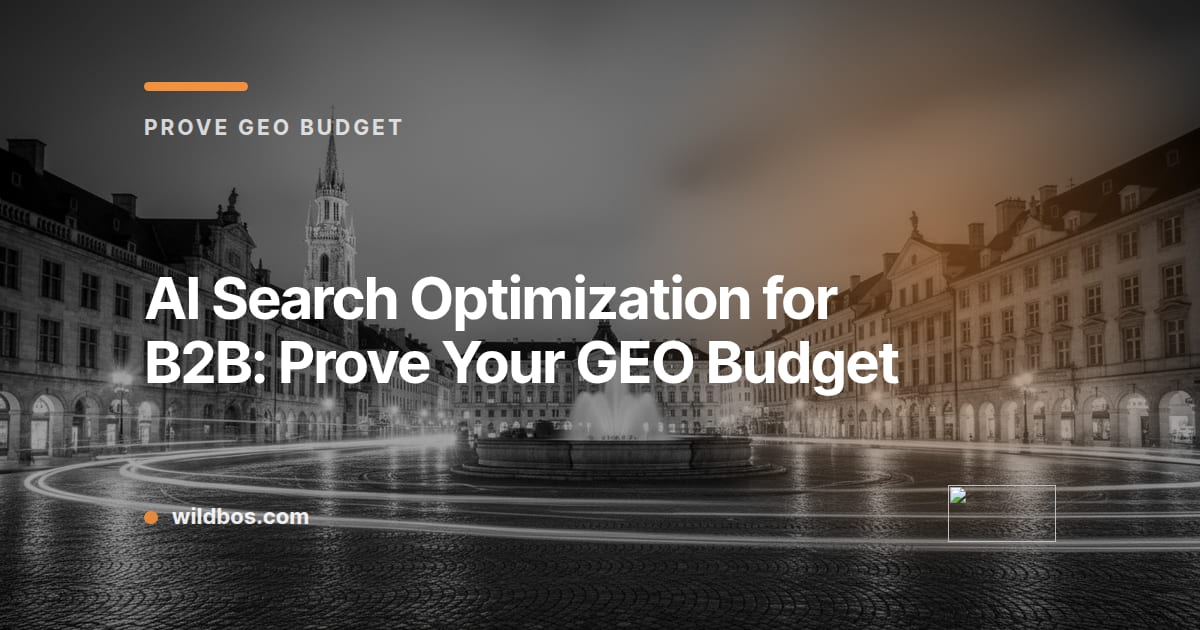 Branded card from Wildbos about proving your GEO budget for B2B AI search optimization