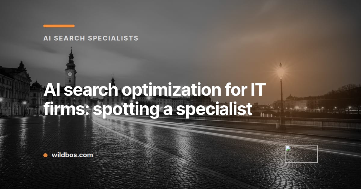 Branded card visual for Wildbos about spotting an AI search optimization specialist for IT firms