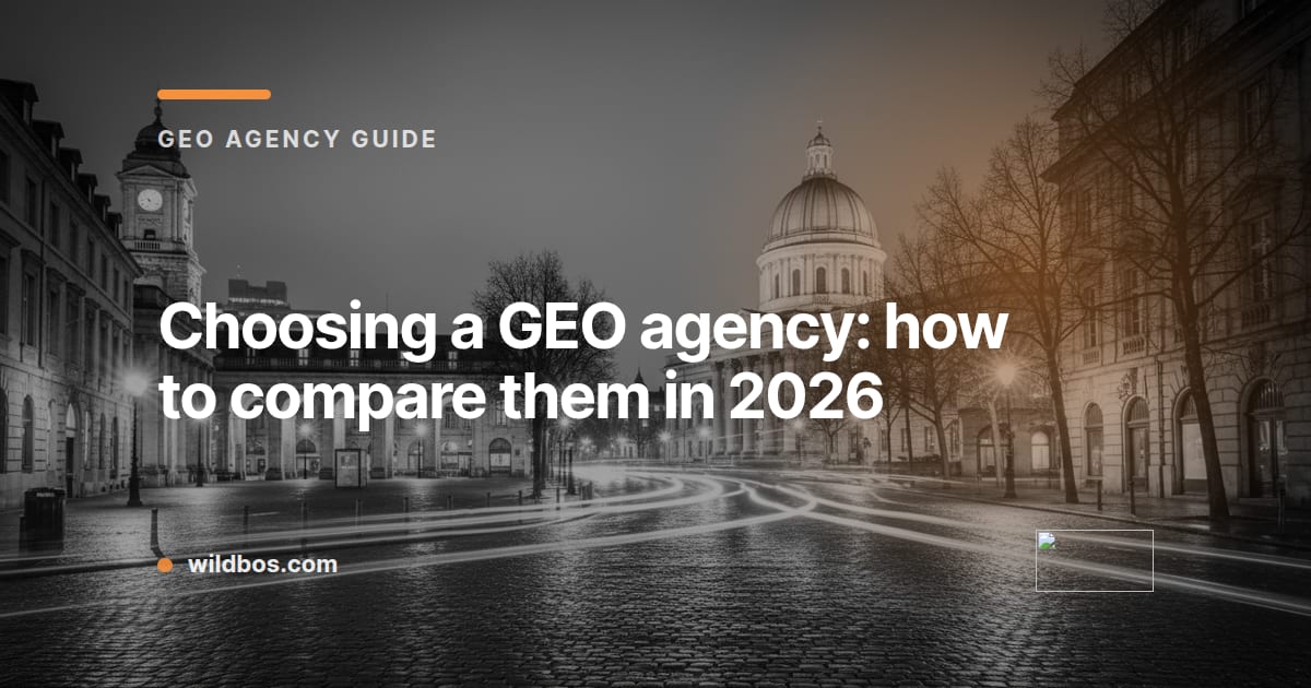 Branded card explaining how to compare GEO agencies, from Wildbos