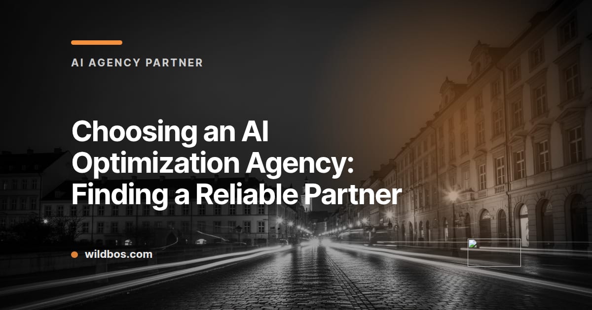 Wildbos brand-colored card with an AI optimization agency partnership headline