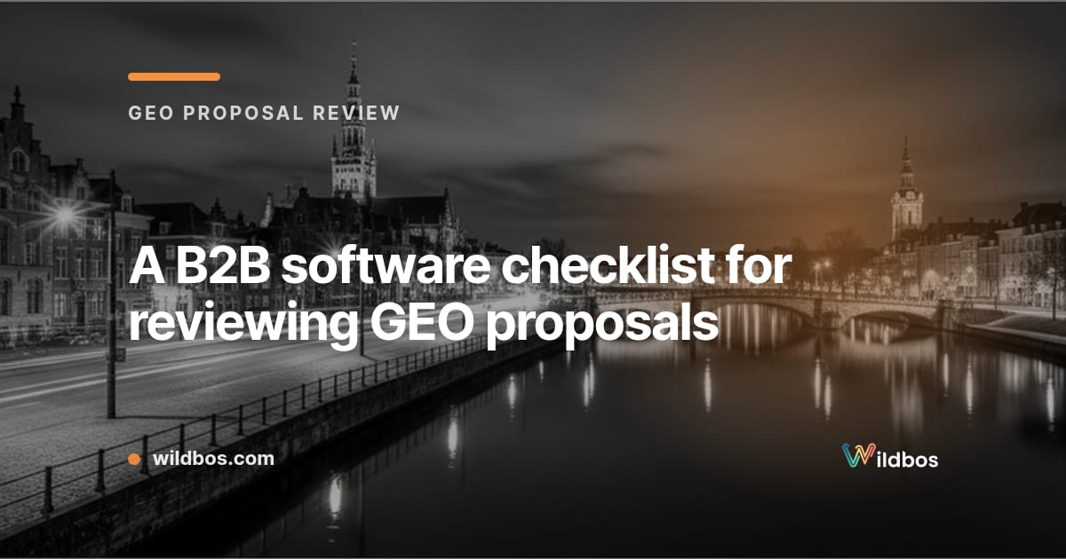 Wildbos branded card for a GEO proposal review checklist for B2B software teams