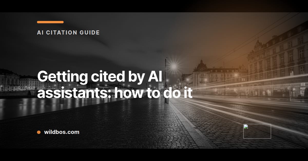 Branded card explaining how to get cited by AI assistants, by Wildbos