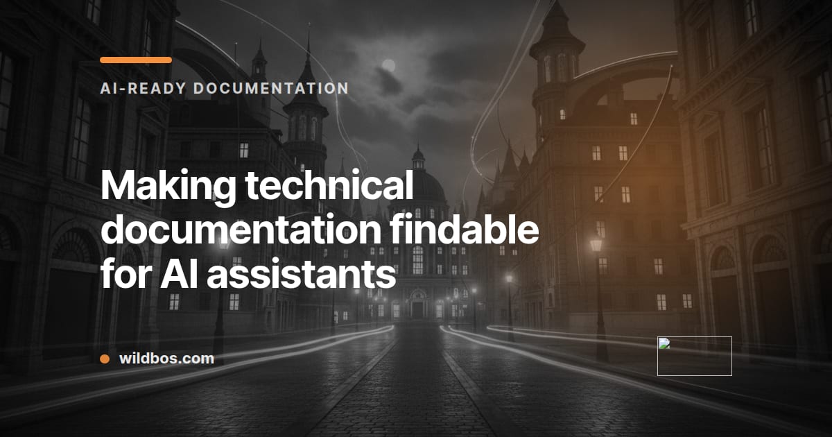 Branded card explaining how to make technical documentation findable for AI assistants, by Wildbos