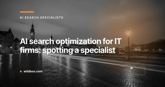 Branded card visual for Wildbos about spotting an AI search optimization specialist for IT firms