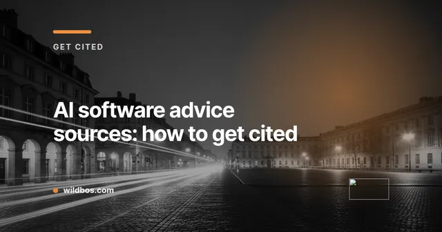 Branded card about AI software advice sources and getting cited, by Wildbos