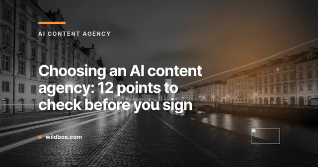 Branded card with guide title about choosing an AI content agency, by Wildbos
