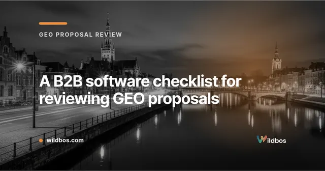 Wildbos branded card for a GEO proposal review checklist for B2B software teams