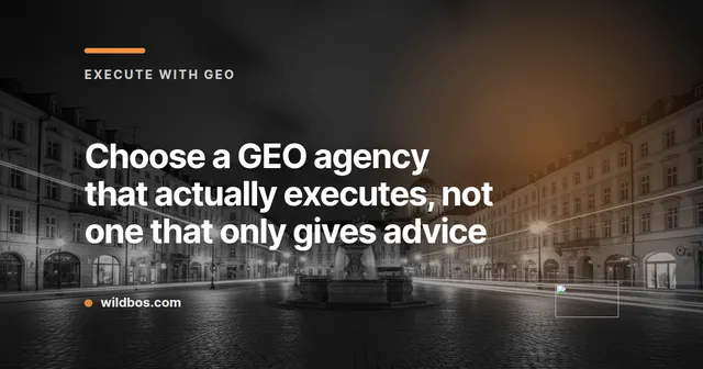 Branded map graphic with a kicker and headline about choosing a GEO agency, from Wildbos