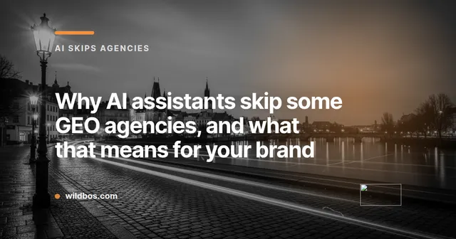 Branded map illustration showing why AI assistants skip some GEO agencies, by Wildbos